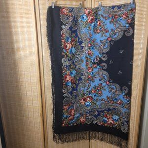 Wool Square Wrap Scarf Shawl with Fringe Dark/Light Blue and Red 58x58